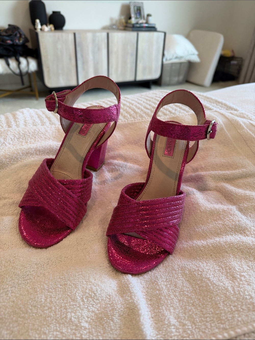 Topshop Pink Glitter Block Heel Sandals with Ankle Strap